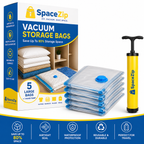 SpaceZip Vacuum Storage Bags - 5 Large Reusable Compression Bags with Hand Pump
